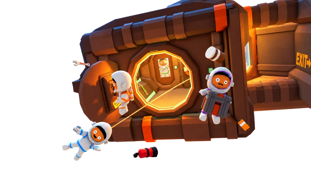 Three astronauts around a battered cargo ship, one drifting away on a tether